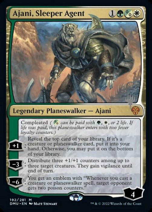 The Magic: The Gathering card "Ajani, Sleeper Agent (Promo Pack)" from the Dominaria United Promos set features a mythic feline warrior clad in armor and brandishing a large sword. This Legendary Planeswalker card requires green, white, and black mana costs and provides abilities such as card reveal and emblem creation with an initial loyalty of 4.