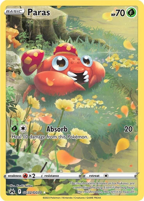 A Pokémon Paras (GG32/GG70) [Sword & Shield: Crown Zenith] trading card from the Pokémon series featuring Paras, numbered GG32/GG70. This Holo Rare card depicts Paras as a red, bug-like creature with mushrooms on its back in a colorful forest setting. With 70 HP, it has an Absorb attack that heals 10 damage and inflicts 20 damage. Various attributes are at the bottom.