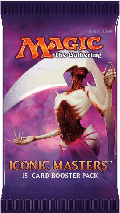 An Iconic Masters - Booster Pack from Magic: The Gathering. The packaging displays an illustration of a menacing, skeletal humanoid creature with wings against a purple, smoky background. The text includes "Magic: The Gathering," "AGE 13+," and "Iconic Masters 15-Card Booster Pack."
