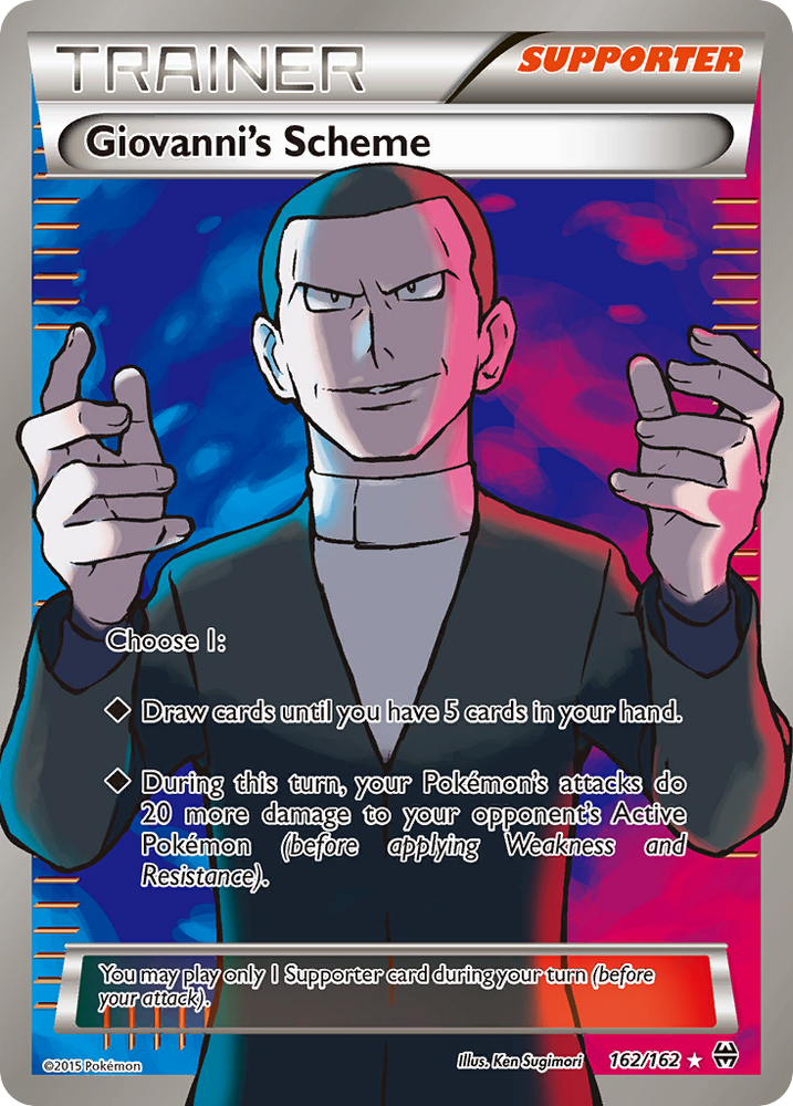 The image is a Pokémon trading card named "Giovanni's Scheme (162/162)" from the XY: BREAKthrough series. It showcases a man in a suit with short hair, posing with two fingers extended on each hand against a striking red and blue backdrop. The card's text provides options to draw cards or enhance attack damage, making it a beneficial Supporter in any deck.
