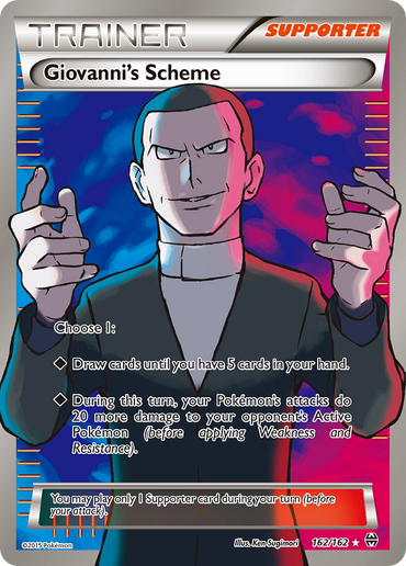 The image is a Pokémon trading card named "Giovanni's Scheme (162/162)" from the XY: BREAKthrough series. It showcases a man in a suit with short hair, posing with two fingers extended on each hand against a striking red and blue backdrop. The card's text provides options to draw cards or enhance attack damage, making it a beneficial Supporter in any deck.
