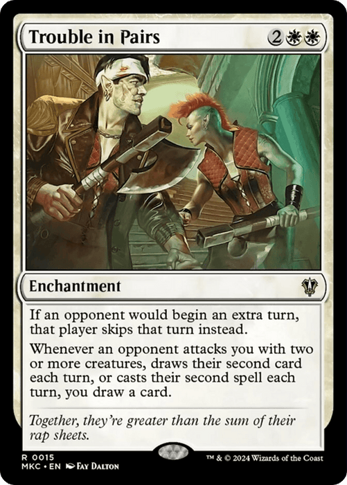 Magic: The Gathering card titled "Trouble in Pairs [Murders at Karlov Manor Commander]." This rare enchantment features a punk couple in a side embrace. The man dons a white tank top, green pants, studded jacket, and medals, while the woman sports a mohawk and leather outfit. Text details the card's abilities. Artists credited at the bottom.