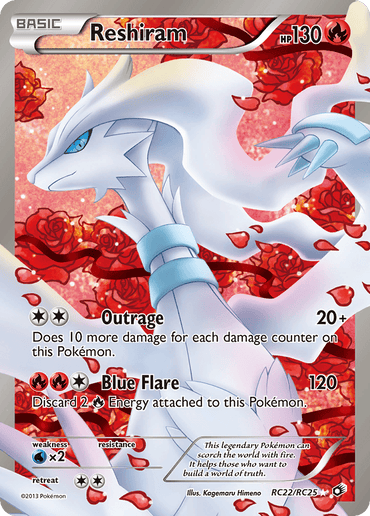 A Pokémon Reshiram (RC22/RC25) [Black & White: Legendary Treasures] card from the set featuring the Ultra Rare Reshiram with 130 HP. This Fire type card includes two moves: Outrage, which does 20+ damage and adds 10 more for each damage counter on Reshiram, and Blue Flare, which does 120 damage but requires discarding 2 Fire Energy. The card has a rose-pattern.