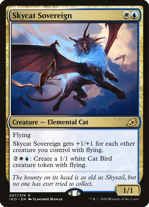 A trading card titled "Skycat Sovereign [Ikoria: Lair of Behemoths]" from the Magic: The Gathering collection, illustrated by Slawomir Maniak. The card features a winged, blue and white cat with a lion-like face, mid-flight against a stormy sky. This creature has flying and gains +1/+1 for each other flying creature you control.