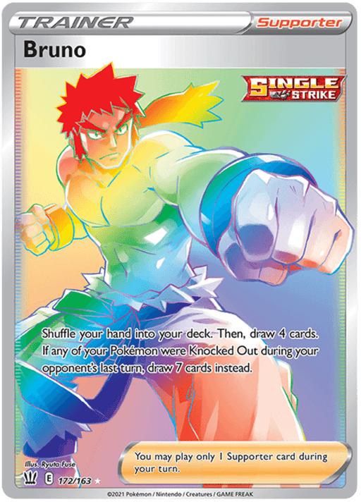 This Pokémon card, Bruno (172/163) [Sword & Shield: Battle Styles] from the Pokémon series, depicts Bruno, a muscular man with red hair in a fighting stance. He is shirtless, wearing teal pants and an orange belt. His hands are glowing with energy. The colorful gradient background features the Single Strike logo and highlights his Secret Rare Trainer abilities.