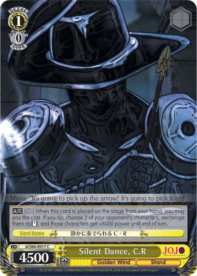 A trading card displays Silent Dance, C.R (JJ/S66-E017 C) [JoJo's Bizarre Adventure: Golden Wind] from Bushiroad. The card features a dark figure in a black hat and trench coat, wielding a revolver. With stats of cost 1, power 4500, soul 1, and abilities for exchanging characters, it reads: 