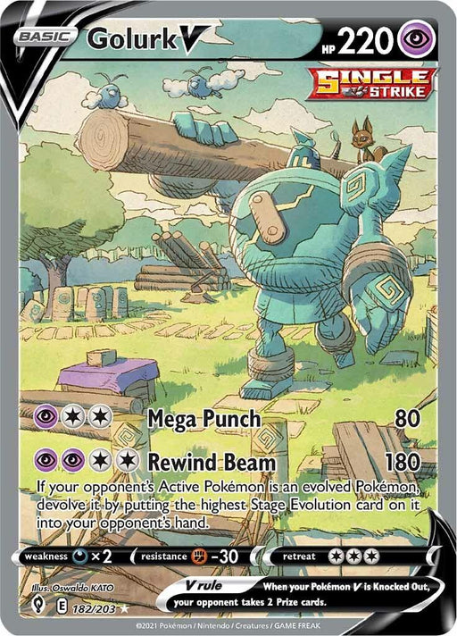 Pokémon trading card featuring Golurk V (182/203) [Sword & Shield: Evolving Skies] from the *Evolving Skies* set in the *Sword & Shield* series. This Ultra Rare "Single Strike" card boasts 220 HP, with moves Mega Punch (80 damage) and Rewind Beam (180 damage). It resists fighting (-30) but is weak to darkness (2x). The background showcases a stone Golurk amid rocky terrain.