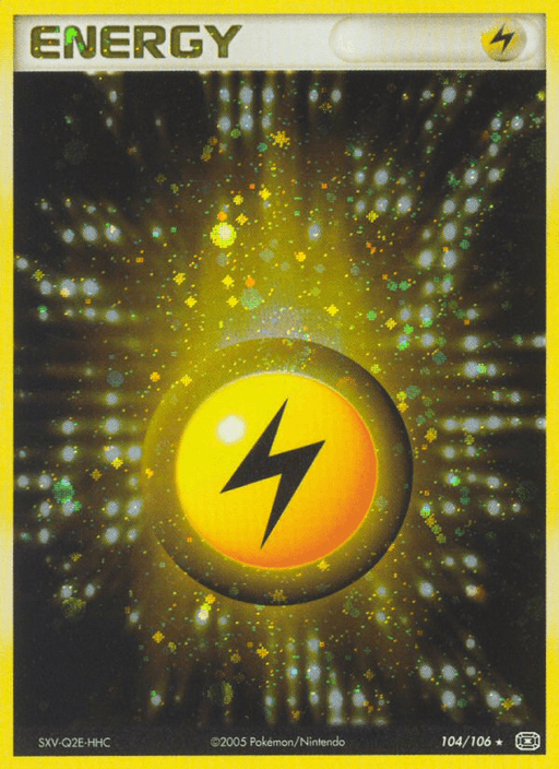 A Pokémon trading card depicting a Lightning Energy (104/106) [EX: Emerald] card. The card features a glowing yellow circle with a black lightning bolt icon in the center. The background is filled with sparkling, star-like effects radiating outward. The top of the card reads "ENERGY" in bold letters from the EX: Emerald series.