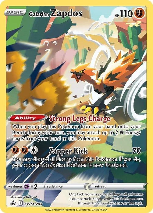 A Pokémon Galarian Zapdos (SWSH283) [Sword & Shield: Black Star Promos] trading card from the Sword & Shield series featuring Galarian Zapdos. The card has 110 HP and vibrant artwork of this orange and black Fighting-type creature. It lists an ability called "Strong Legs Charge" and an attack named "Zapper Kick," with detailed descriptions for both in this Black Star Promo.
