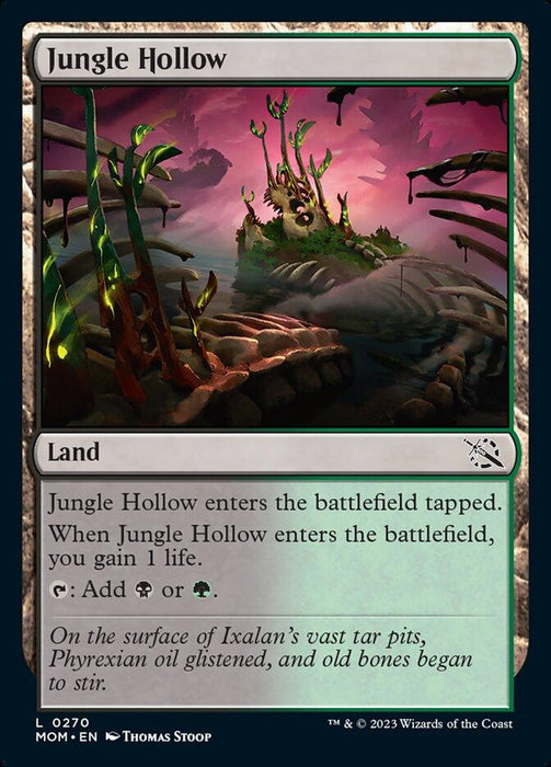 The image shows a Magic: The Gathering card named "Jungle Hollow [March of the Machine]." It's a land card featuring an eerie, green-lit jungle swamp with twisted, leafless trees and ancient, moss-covered bones. The card provides black or green mana and its flavor text links to the treacherous lands of Ixalan.