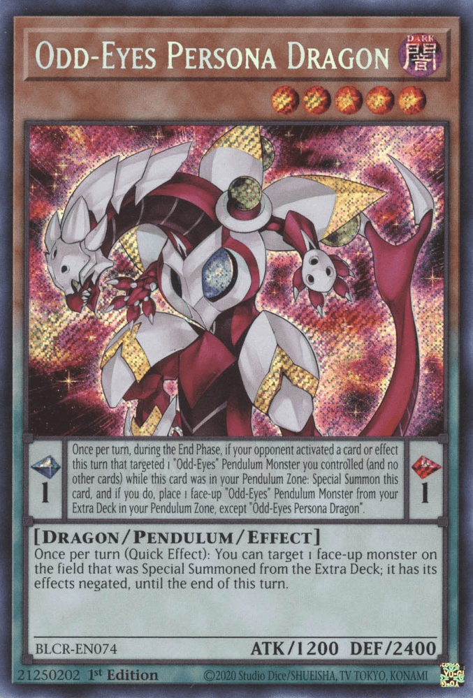 A Yu-Gi-Oh! trading card of Odd-Eyes Persona Dragon [BLCR-EN074] Secret Rare from the Battles of Legend: Crystal Revenge set. The Secret Rare image shows a dragon with white, red, and gold armor-like scales, and two horns. It displays the card's attributes: Dark, Dragon/Pendulum/Effect, Level 5, ATK 1200, DEF 2400.