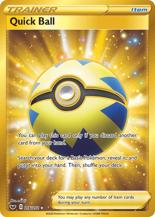 A Pokémon trading card titled "Quick Ball (216/202) [Sword & Shield: Base Set]." This Secret Rare card from the Pokémon Sword & Shield Base Set is yellow and blue, featuring an image of a Quick Ball item emitting sparkles. Text instructs to discard a card from your hand, search your deck for a Basic Pokémon, reveal it, and add it to your hand. The card is numbered 216/202.