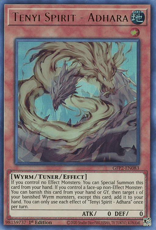 A Yu-Gi-Oh! trading card titled "Tenyi Spirit - Adhara [GFP2-EN083] Ultra Rare" from the Ghosts From the Past series. The card features a spiraling, earth-toned dragon. Below the image are its details: a Wyrm/Tuner/Effect monster with 0 ATK and 0 DEF, and its effect description.