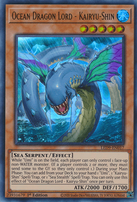 An image of a Yu-Gi-Oh! trading card titled "Ocean Dragon Lord - Kairyu-Shin [LED9-EN017] Ultra Rare". This Effect Monster displays a colossal sea serpent-type creature with sharp teeth, glowing red eyes, and blue-green scales. The card stats indicate an attack power of 2000 and a defense power of 1700.