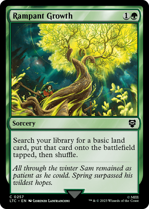 A Magic: The Gathering card named "Rampant Growth [The Lord of the Rings: Tales of Middle-Earth Commander]" with a green border and casting cost of one green and one colorless mana. The artwork depicts a tree growing and twisting rapidly, infused with vibrant magical energy, as a person watches in awe. This Sorcery allows searching for a basic land card.