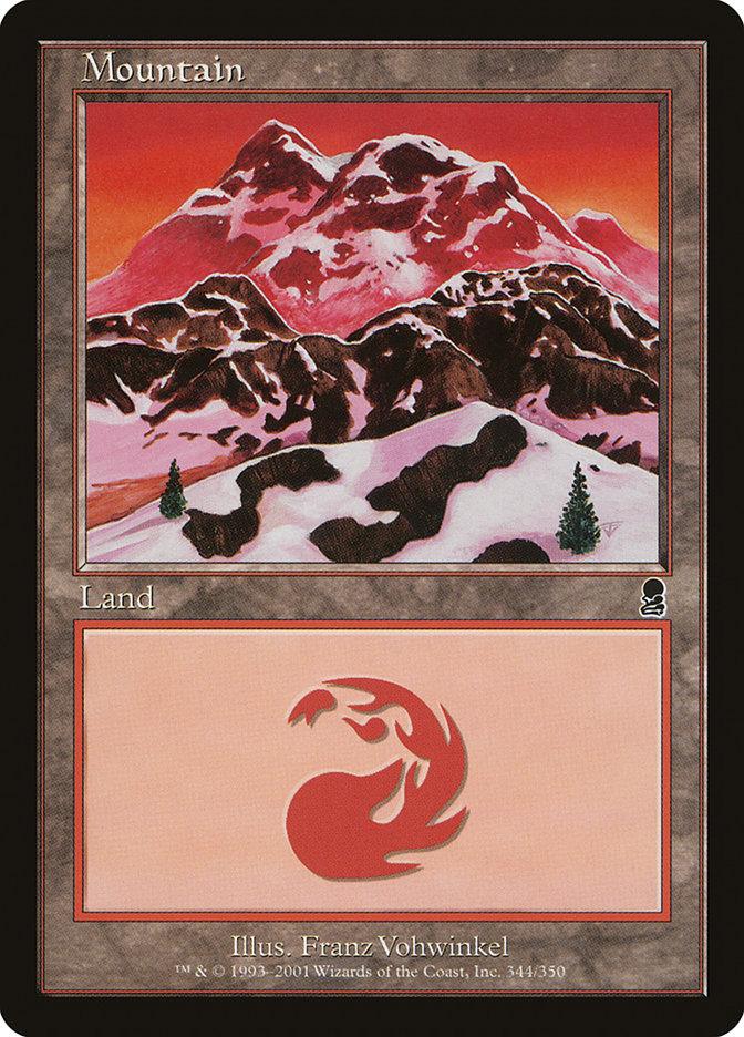 A Magic: The Gathering card titled "Mountain (344) [Odyssey]" from the Odyssey set features art of a snow-covered mountain range under a dramatic red and orange sky. Two evergreen trees stand at the mountain's base, bordered in brown. Below the artwork, there's a large red mana symbol. The illustrator is Franz Vohwinkel.