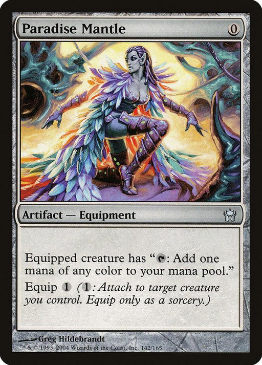 A "Magic: The Gathering" card titled "Paradise Mantle [Fifth Dawn]" depicts an armored, purple-skinned figure with wings made of multicolored feathers standing on a glowing surface. This artifact equipment can be equipped to add one mana of any color to your mana pool.