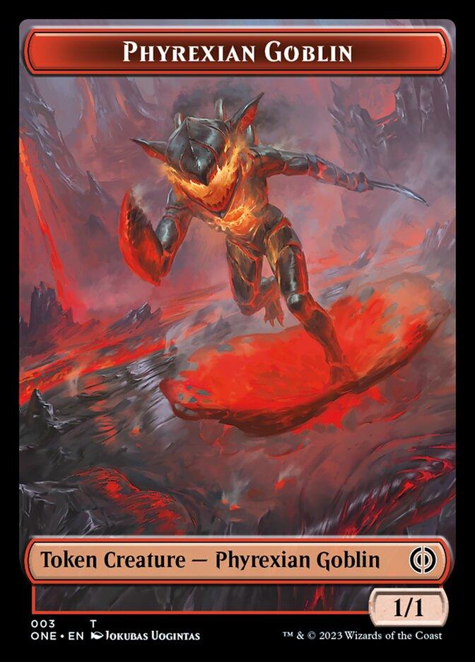 A card from Magic: The Gathering depicts a Phyrexian Goblin, a red-toned creature with glowing orange eyes and a sword. It stands in the fiery, molten wastelands of Phyrexia, ready for battle. The bottom of the card reads "Token Creature - Phyrexian Goblin" with stats 1/1. This particular card is the Rebel // Phyrexian Goblin Double-Sided Token [Phyrexia: All Will Be One Tokens] from Magic: The Gathering.