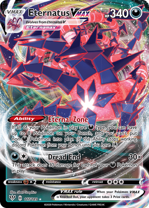 The image features the Eternatus VMAX (117/189) [Sword & Shield: Darkness Ablaze] Pokémon card from the brand Pokémon. The Darkness type Pokémon is depicted in a vibrant, cosmic design with purple and red hues. The card text describes its abilities "Eternal Zone" and "Dread End.