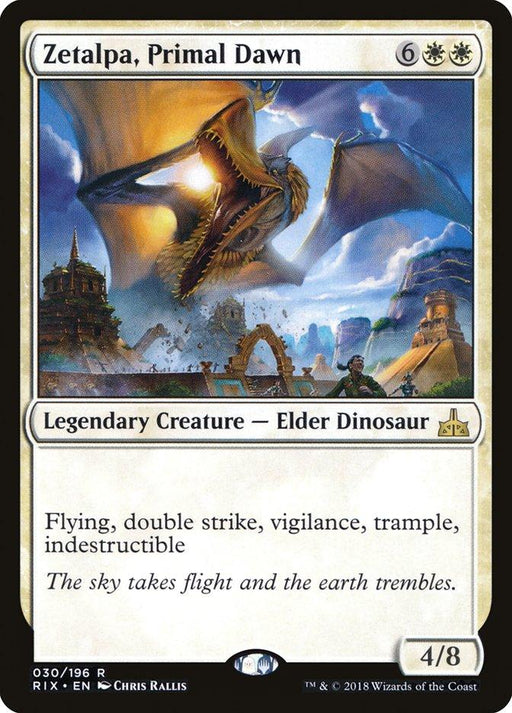 A Magic: The Gathering product named "Zetalpa, Primal Dawn [Rivals of Ixalan]." It is a legendary creature - elder dinosaur from the Rivals of Ixalan set. The product costs 8 mana (6 generic and 2 white) and has a power/toughness of 4/8. Abilities include flying, double strike, vigilance, trample, and indestructible. Art shows