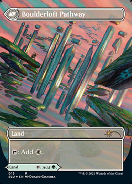 The image is a Magic: The Gathering card titled "Branchloft Pathway // Boulderloft Pathway (Borderless) [Secret Lair: Ultimate Edition 2]," featuring a surreal landscape with floating rocky spires and glowing blue symbols. In the foreground, a pathway meanders through the floating rocks under a sky streaked with pink and orange hues. This rare land card type can be used to add white mana to a player's mana pool.