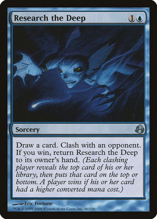 A Magic: The Gathering card from Morningtide titled "Research the Deep [Morningtide]." It features a blue magical creature underwater, with glowing eyes and a serene expression, reaching out with one hand. The card costs 1 blue mana and 1 generic mana to play. It has text explaining its abilities and effects.