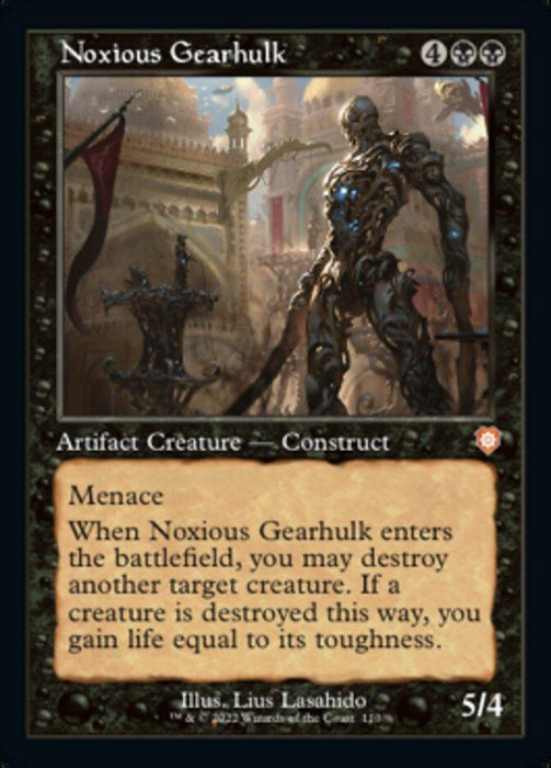 The image is of a Magic: The Gathering card named "Noxious Gearhulk (Retro) [The Brothers' War Commander]," an Artifact Creature from The Brothers' War Commander set. It depicts a menacing, metallic construct with a spiked arm and glowing eyes in a dark, ornate environment. Its abilities include destroying a target creature upon entering the battlefield and granting life equal to that creature's toughness. The card has a power/t