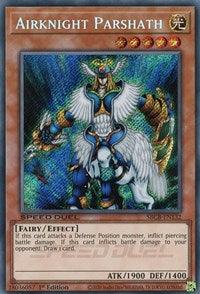 A Yu-Gi-Oh! card named Airknight Parshath (Secret) [SBCB-EN132] Secret Rare from the Battle City Box. The Secret Rare card depicts a humanoid figure with wings, armor, and a horse-like lower body holding a sword. It has a gold hexagon in the top right, indicating its light attribute. Stats: 1900 ATK and 1400 DEF. Text describes its piercing damage