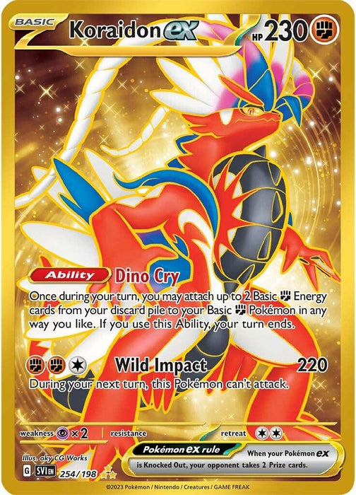 A Pokémon card of Koraidon ex (254/198) [Scarlet & Violet: Base Set] with 230 HP from Pokémon. It features the ability "Dino Cry" for attaching up to 2 basic Fighting Energy cards from the discard pile. Its attack "Wild Impact" deals 220 damage but prevents attacking next turn. As a Secret Rare, it's set number 254/198 and includes weaknesses.