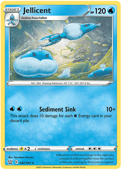 A **Pokémon** card from the Sword & Shield: Battle Styles series depicts **Jellicent (042/163) [Sword & Shield: Battle Styles]**, a floating blue jellyfish-like creature, against an underwater background with other Jellicent. The water-themed card shows its HP of 120 and its move "Sediment Sink," dealing 10 damage times the number of Energy cards in the discard pile. It's numbered 042/163.