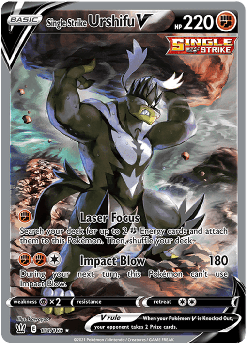 The image shows an Ultra Rare Pokémon card of Single Strike Urshifu V (151/163) [Sword & Shield: Battle Styles] from the Pokémon brand. It has 220 HP and an ability called "Laser Focus" which searches and attaches Energy cards. Another ability, "Impact Blow," deals 180 damage. The dark-themed card features a muscular, determined Urshifu with glowing eyes and potent energy.