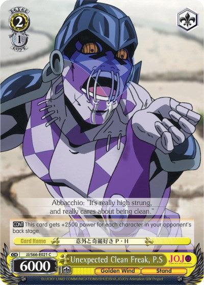 A Bushiroad Unexpected Clean Freak, P.S (JJ/S66-E021 C) [JoJo's Bizarre Adventure: Golden Wind] trading card showcases a blue and purple figure with a helmet-like head, sharp teeth, and tubes extending from its mouth. The card's text reads, 