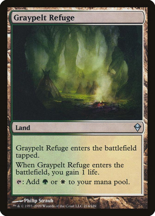 A Magic: The Gathering card titled "Graypelt Refuge [Zendikar]" from the Zendikar set. It is a land type card that shows a misty, mystical forest with green light. The card text indicates that Graypelt Refuge enters the battlefield tapped, you gain 1 life, and it can add either green or white mana to your mana pool.