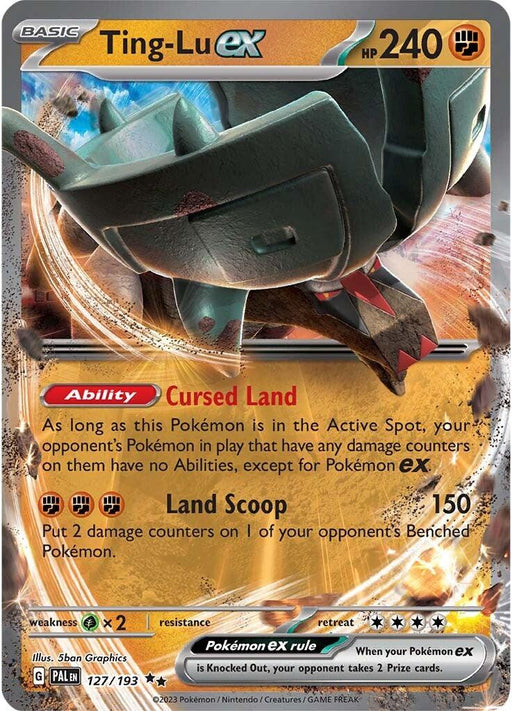A Pokémon trading card of Ting-Lu ex (127/193) [Scarlet & Violet: Paldea Evolved] with 240 HP from the Paldea Evolved series. The card, categorized as Double Rare, is illustrated with Ting-Lu ex, a large, dark creature adorned with intricate patterns and red highlights. It features the Ability "Cursed Land" and the attack "Land Scoop" which deals 150 damage. The card has a silver-black border and