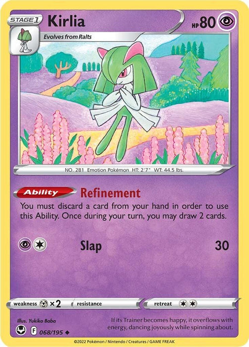Pokémon Kirlia (068/195) [Sword & Shield: Silver Tempest] card, a psychic fairy-type with 80 HP from the Silver Tempest series. It evolves from Ralts. The card shows Kirlia in a forest with colorful trees and a river. Its abilities: "Refinement" (discard a card to draw 2) and "Slap" (30 damage). Text at the bottom describes its joyful spinning behavior.