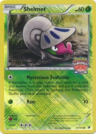 An image of a Pokémon card for Shelmet (11/101) (Championship Staff Promo) [League & Championship Cards], a Basic Grass-type Pokémon with 60 HP. The card features Shelmet's image with a Special Promo stamp in the background along with championship stamps. Attack moves are "Mysterious Evolution" and "Ram (10)". Below are Shelmet's stats and resistance. The shiny card is part of the League & Championship Cards collection from Pokémon.