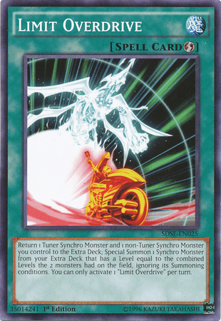 An illustration of the Yu-Gi-Oh! Quick Play Spell Card "Limit Overdrive [SDSE-EN025] Common." It depicts a futuristic biker speeding with a dynamic energy trail and a large, white Synchro Monster soaring above. The scene is enveloped in green and blue hues. Text below explains the card's effect and rules.