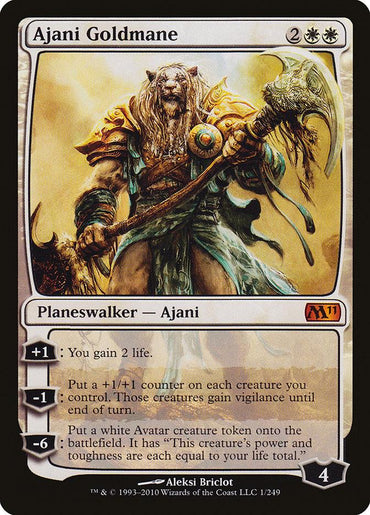 A Magic: The Gathering card titled "Ajani Goldmane [Magic 2011]" showcases the legendary planeswalker Ajani in golden armor, wielding an ornate axe. His abilities include gaining life, boosting creatures with +1/+1 counters, and creating a white Avatar creature token. This powerful card is a must-have for any collection.