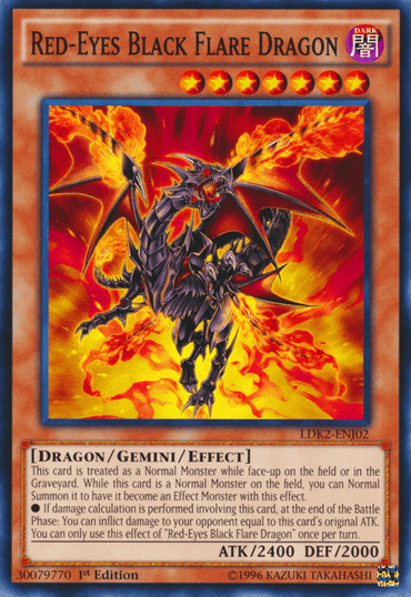 An image of the "Red-Eyes Black Flare Dragon [LDK2-ENJ02] Common" Yu-Gi-Oh! card. This Gemini Monster showcases a dark dragon with red eyes and fiery wings, engulfed in flames. Text at the top includes the card's name and attributes, while the lower portion details its effect monster abilities, ATK/2400, and DEF/2000.