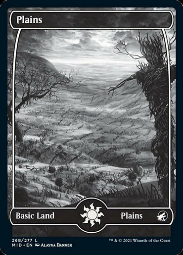 A grayscale Magic: The Gathering card titled "Plains (268) [Innistrad: Midnight Hunt]" features artwork depicting a vast, barren landscape. Rolling hills and twisted, leafless trees frame the foreground, while the horizon shows expansive fields under a cloudy sky.