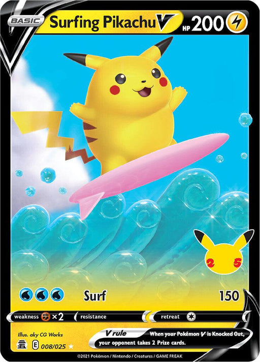 A Pokémon trading card featuring Surfing Pikachu V (008/025) [Celebrations: 25th Anniversary], part of the Pokémon series. Pikachu is depicted happy, standing on a pink surfboard riding ocean waves amidst a bright blue sky and bubbles. This Ultra Rare card has 200 HP, with the ability "Surf" inflicting 150 damage and detailed information at the bottom.