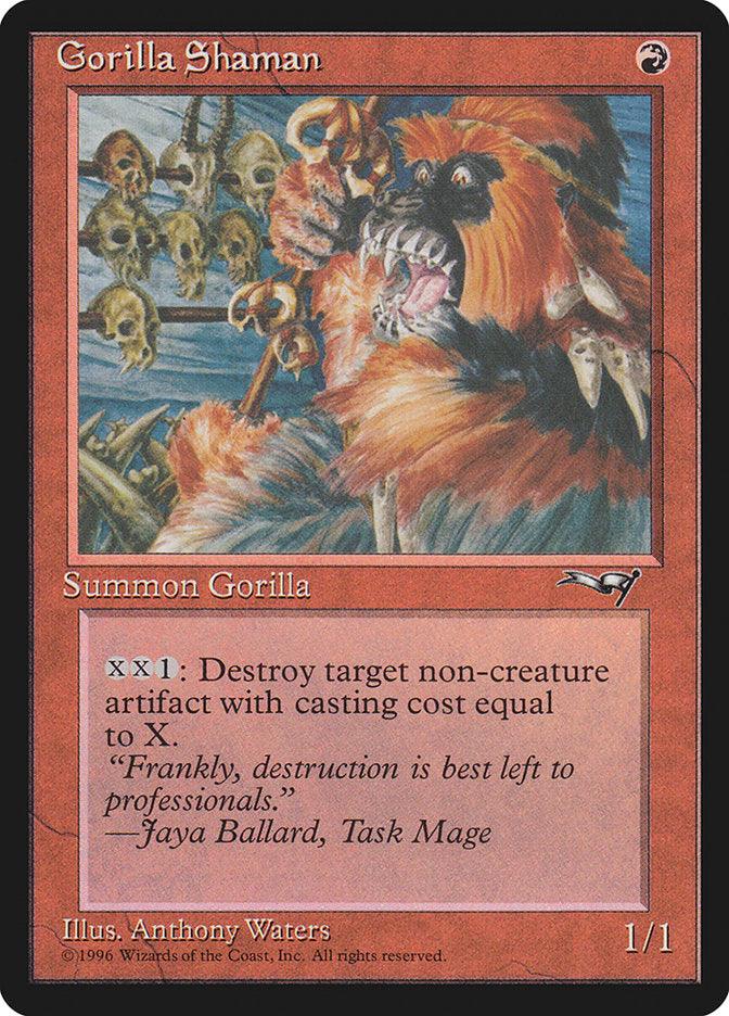 A Magic: The Gathering card titled "Gorilla Shaman (Skulls in Background)" from the Alliances set features a red Ape Shaman creature. It has the ability to destroy target non-creature artifact with a casting cost of X, costing X, X, 1 to activate. Illustrated by Anthony Waters, it depicts a fierce gorilla with claws open. The card has stats of 1/1 and includes the flavor text: "Frankly, destruction is best left to professionals."—Jaya