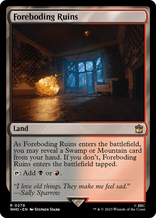 A rare Magic: The Gathering card titled "Foreboding Ruins [Doctor Who]." This land card features an illustration of a large glowing orb suspended by chains in a decrepit room with tattered wallpaper and broken floorboards. If you reveal a Swamp or Mountain, it enters untapped; otherwise, it taps on entry.