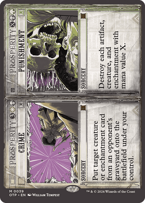 A split Magic: The Gathering card from the Outlaws of Thunder Junction: Breaking News set. The top card, "Punishment," shows a skull and green energy with text reading "Destroy each artifact, creature, and enchantment with mana value X." The bottom card, a mythic rarity named "Crime," features a cloaked figure with purple rays and text reading "Put target creature or enchantment card from