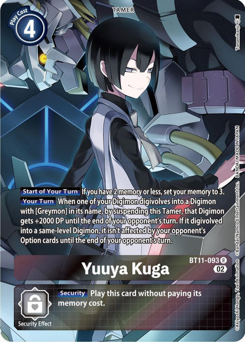 A Digimon card named "Yuuya Kuga [BT11-093] (Alternate Art) [Dimensional Phase]" features a black-haired character in a dark outfit, standing confidently against a futuristic backdrop with mechanical elements. The card, part of the Dimensional Phase set, displays details such as play cost, set number, and abilities in blue and white text boxes.