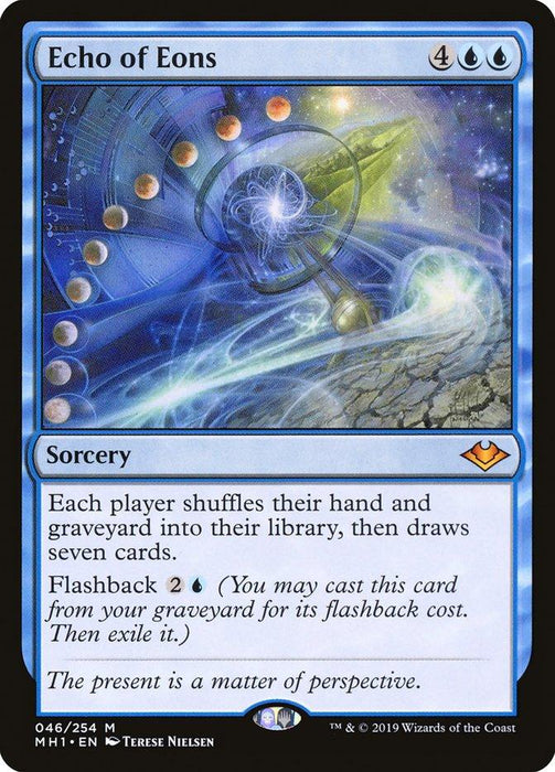 A "Magic: The Gathering" card titled Echo of Eons [Modern Horizons], from the Modern Horizons set. It features intricate blue artwork depicting an ethereal clockwork mechanism with luminous gears and beams of light twisting through a cosmic background. This sorcery's card text describes its gameplay effects and flashback ability.