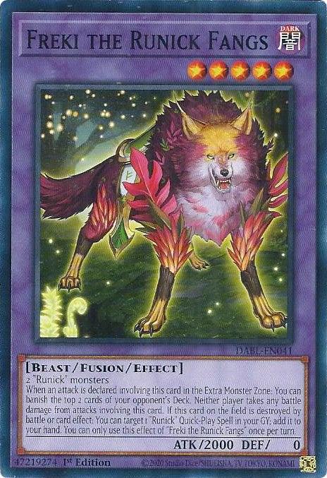 A Yu-Gi-Oh! trading card titled "Freki the Runick Fangs [DABL-EN041] Common." This Fusion/Effect Monster features a fierce wolf-like creature with glowing purple eyes and yellow, red, and purple fur. It has 2000 ATK and 0 DEF. The card belongs to the "Beast/Fusion/Effect" category and is a 1st Edition with a dark attribute.