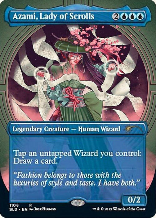 A "Magic: The Gathering" card featuring "Azami, Lady of Scrolls (Borderless) [Secret Lair Drop Series]," a Legendary Creature. The human wizard, adorned in an elegant, floral kimono while holding scrolls, costs two colorless and three blue mana. With a 0/2 power and toughness, it has the ability to draw cards. Ideal for any Secret Lair Drop Series collection.
