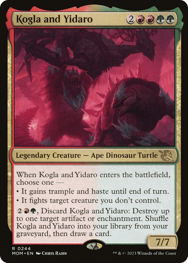 A Magic: The Gathering card titled “Kogla and Yidaro [March of the Machine]” from the March of the Machine set. It features a Legendary Creature - Ape Dinosaur Turtle with a border of green, red, and white. The card has a mana cost of 2RRGG, 7/7 power and toughness, and intricate artwork by Chris Rahn depicting a dynamic scene in red hues.