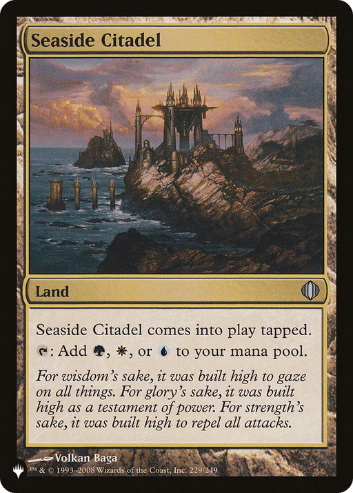 Seaside Citadel" from **[Secret Lair: From Cute to Brute] Magic: The Gathering** features artwork of a grand castle perched on a rocky outcrop, surrounded by water at sunset. The card's text box reveals its function: it enters tapped and can generate white, blue, or green mana.